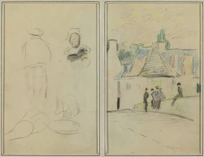 Framed Print : Two Breton Figures; Bridge at Pont-Aven [recto], 1884-1888. Creator: Paul Gauguin