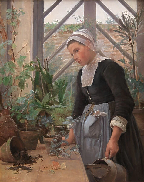 Breton Girl Looking After Plants in the Hothouse, 1884. Creator: Anna Petersen