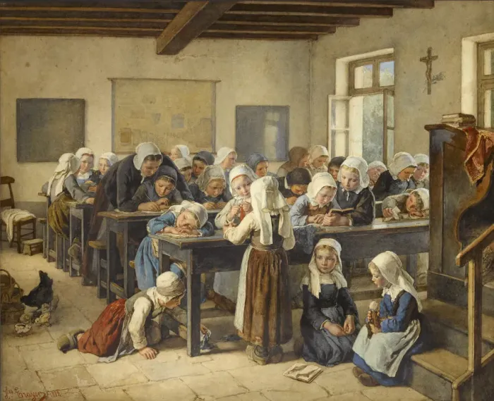 Framed Print : A Breton girls school, 1882. Creator: Trayer, Jules (1824-1909) Framed Print : A Breton girls school, 1882. Creator: Trayer, Jules (1824-1909)