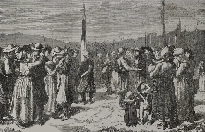 Framed Print : The Breton Mobile Guard bidding farewell to their families, 1871. Creator: Enrique Laporta Valor Framed Print : The Breton Mobile Guard bidding farewell to their families, 1871. Creator: Enrique Laporta Valor