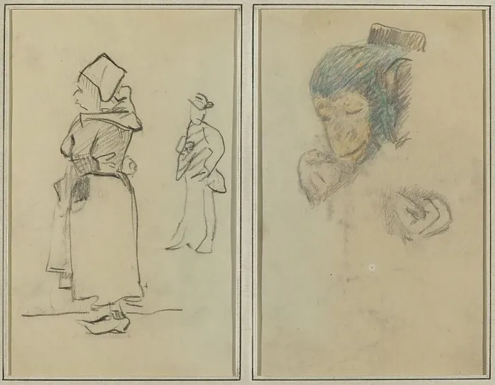 Framed Print : A Breton Woman and a Standing Man; Head and Hand of a Monkey [recto], 1884-1888. Creator: Paul Gauguin