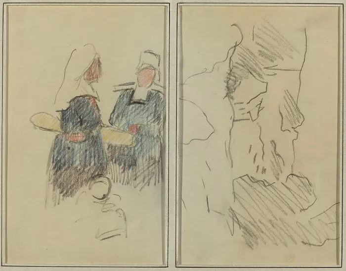 Framed Print : Two Breton Women; Landscape [recto], 1884-1888. Creator: Paul Gauguin
