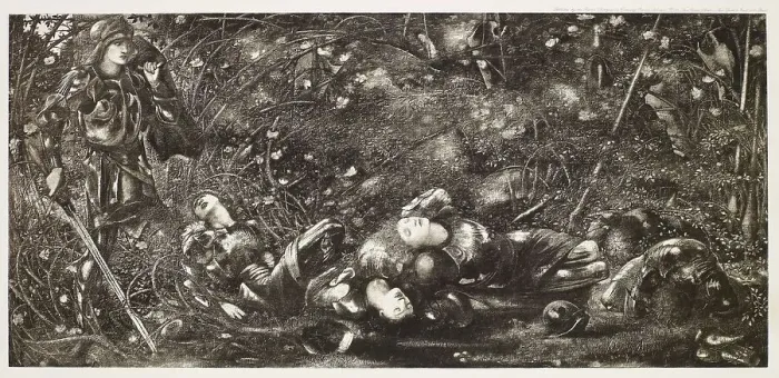 Framed Print : The Briar Rose Series - The Knight Enters the Briar wood (I), c1870s, (1900). Creator: Unknown Framed Print : The Briar Rose Series - The Knight Enters the Briar wood (I), c1870s, (1900). Creator: Unknown