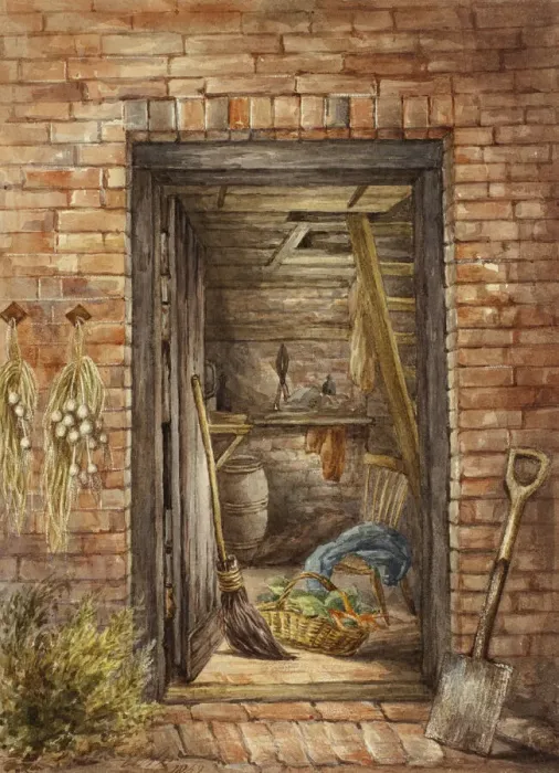 Framed Print : Brick Wall with Open Door and Shovel, 1852. Creator: Elizabeth Murray Framed Print : Brick Wall with Open Door and Shovel, 1852. Creator: Elizabeth Murray
