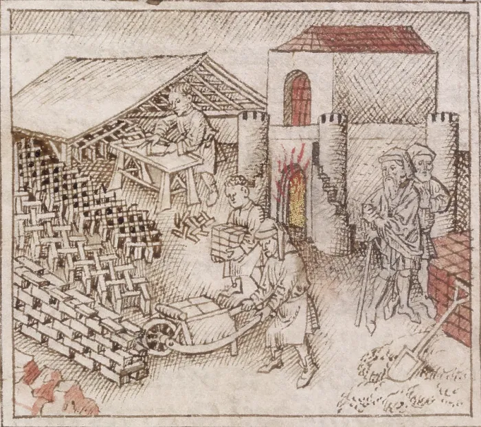 Framed Print : A brickyard, c1300-c1340. Creator: Unknown Framed Print : A brickyard, c1300-c1340. Creator: Unknown