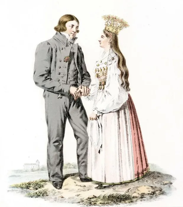 Framed Print : Bridal couple, folk costumes, Östra härad, Jämjö parish, Blekinge. (c19th century) Creator: Unknown Framed Print : Bridal couple, folk costumes, Östra härad, Jämjö parish, Blekinge. (c19th century) Creator: Unknown