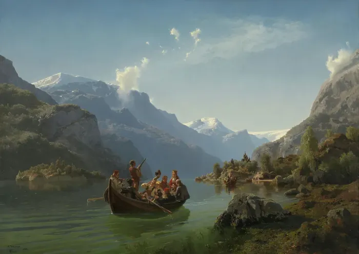 Framed Print : Bridal Procession on the Hardangerfjord, 1848. Creator: Adolph Tidemand Framed Print : Bridal Procession on the Hardangerfjord, 1848. Creator: Adolph Tidemand