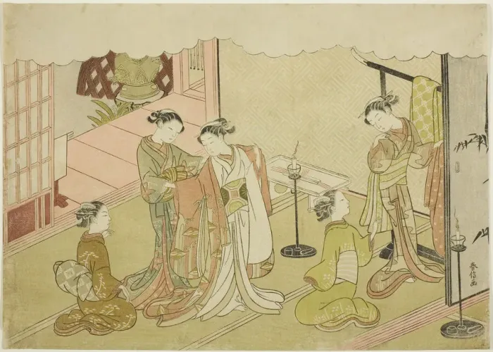 Framed Print : The Bride Changing Clothes (Iro-naoshi), the fifth sheet of the series Marriage in Bro... c. 1769. Creator: Suzuki Harunobu Framed Print : The Bride Changing Clothes (Iro-naoshi), the fifth sheet of the series Marriage in Bro... c. 1769. Creator: Suzuki Harunobu