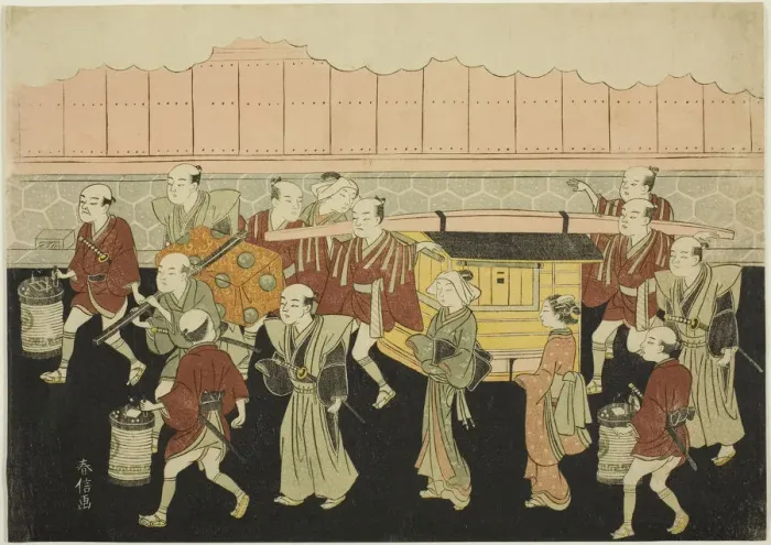 Framed Print : The Bride Riding in the Palanquin to Her Husbands House (Koshi-iri), the third sheet... c. 1769. Creator: Suzuki Harunobu Framed Print : The Bride Riding in the Palanquin to Her Husbands House (Koshi-iri), the third sheet... c. 1769. Creator: Suzuki Harunobu
