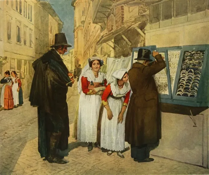 Framed Print : The Bridegroom Campagnuolo choosing Earrings for his Bride, 1838, (1965). Creator Framed Print : The Bridegroom Campagnuolo choosing Earrings for his Bride, 1838, (1965). Creator