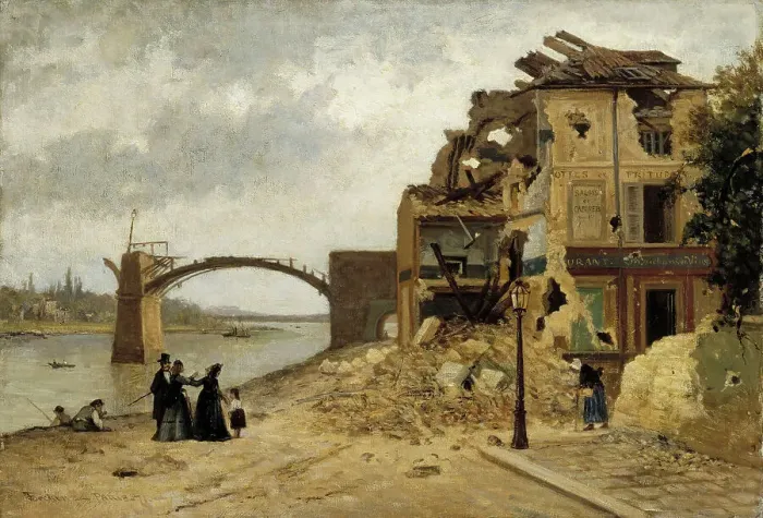Framed Print : The Bridge at Asnières after the Siege of Paris in 1871, 1871. Creator: Adolf von Becker Framed Print : The Bridge at Asnières after the Siege of Paris in 1871, 1871. Creator: Adolf von Becker