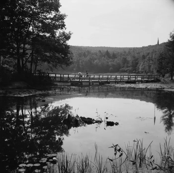 Framed Print : Bridge and background scenery, Camp Gaylord White, Arden, New York, 1943. Creator: Gordon Parks Framed Print : Bridge and background scenery, Camp Gaylord White, Arden, New York, 1943. Creator: Gordon Parks