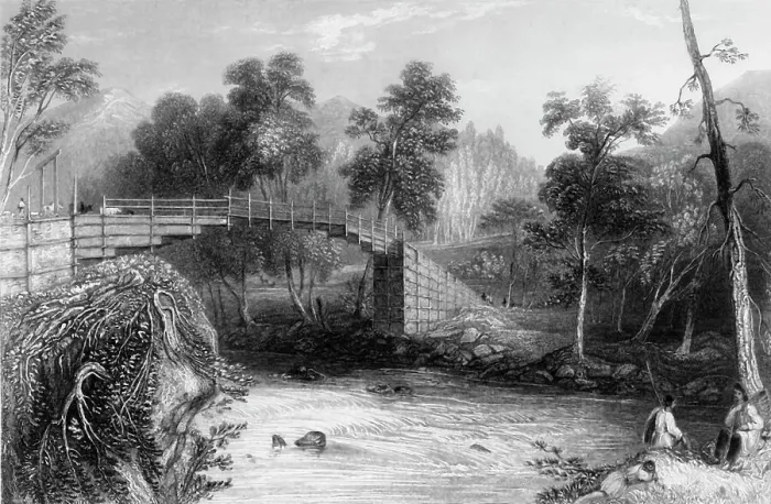 Framed Print : The Bridge at Bhurkote, 1845. Creator: William Purser Framed Print : The Bridge at Bhurkote, 1845. Creator: William Purser