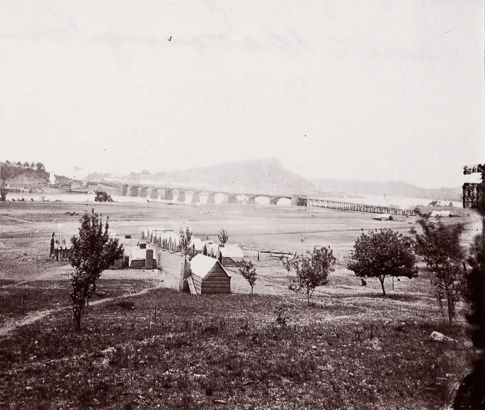 Framed Print : Bridge Builders Camp opposite Chattanooga, ca. 1864. Creator: George N. Barnard Framed Print : Bridge Builders Camp opposite Chattanooga, ca. 1864. Creator: George N. Barnard