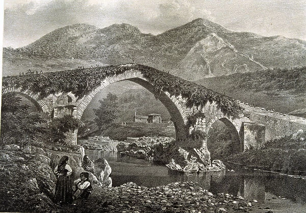 Bridge in Cangas de Onis on the River Sella and the hermitage of Santa Cruz, lithograph