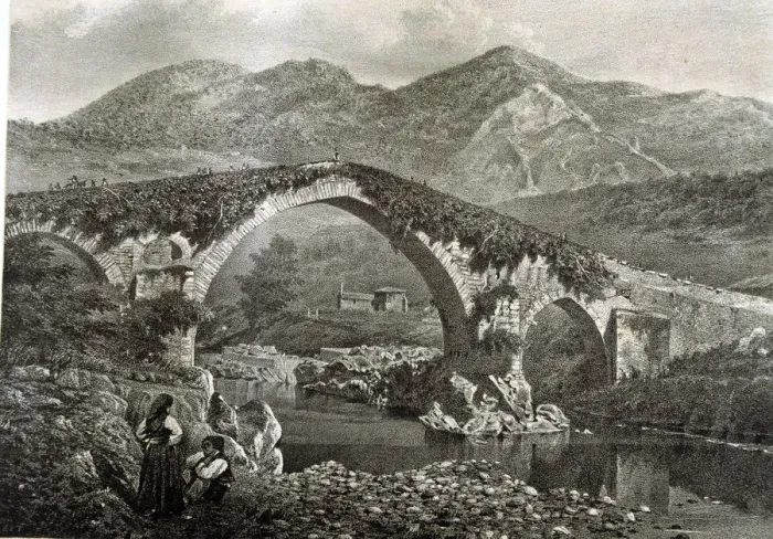 Framed Print : Bridge in Cangas de Onis on the River Sella and the hermitage of Santa Cruz, lithograph Framed Print : Bridge in Cangas de Onis on the River Sella and the hermitage of Santa Cruz, lithograph