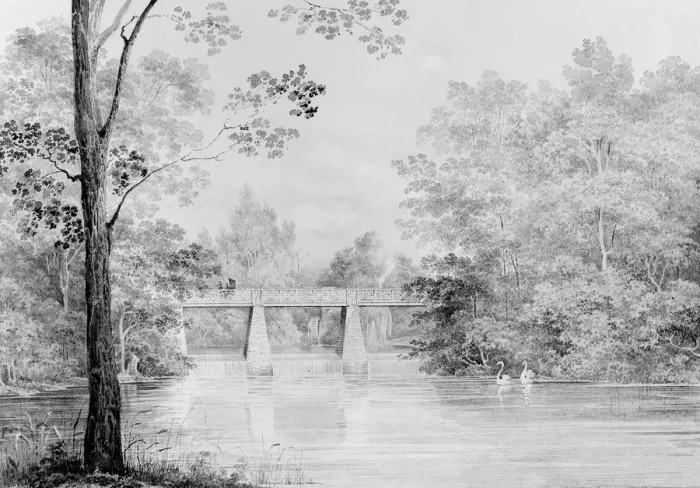 Framed Print : Bridge over Crumelbow Creek, David Hosack Estate, Hyde Park, New York... ca. 1832 Framed Print : Bridge over Crumelbow Creek, David Hosack Estate, Hyde Park, New York... ca. 1832