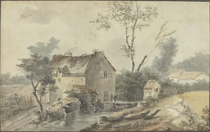 Framed Print : Mill with Bridge and Figures. Creator: Louis Gabriel Moreau Framed Print : Mill with Bridge and Figures. Creator: Louis Gabriel Moreau