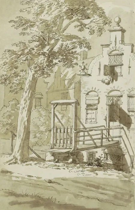 Framed Print : Bridge in front of a house with a stepped gable, c.1783-c.1797. Creator: Johannes Huibert Prins Framed Print : Bridge in front of a house with a stepped gable, c.1783-c.1797. Creator: Johannes Huibert Prins
