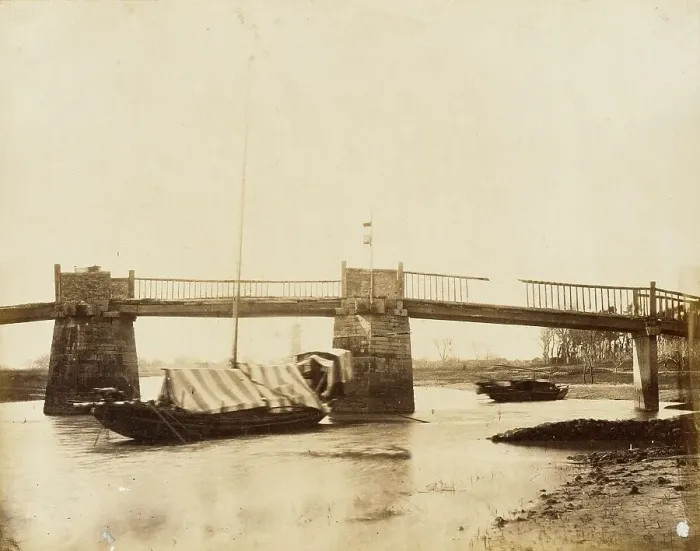 Framed Print : Bridge with Houseboats, China, 1860. Creator: Felice Beato Framed Print : Bridge with Houseboats, China, 1860. Creator: Felice Beato