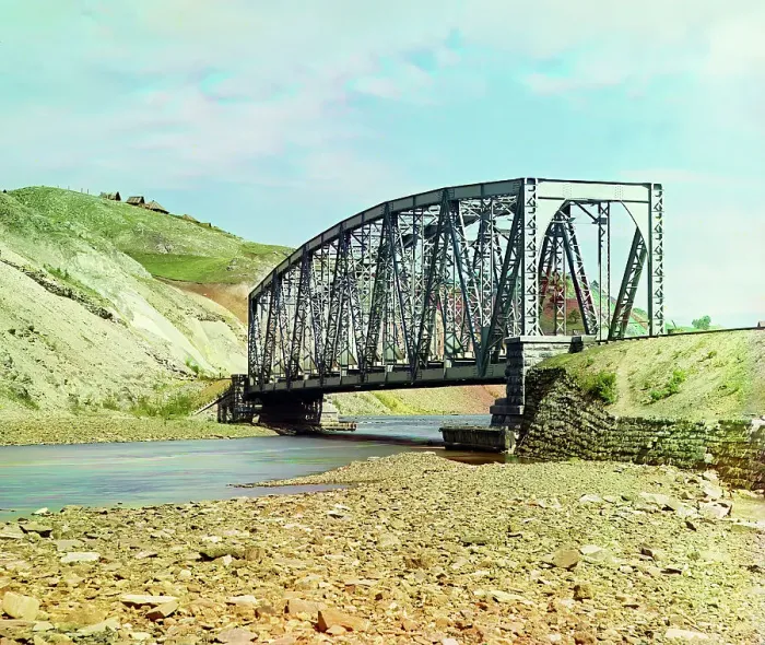 Framed Print : Bridge across the Katav River, near the factory, 1910. Creator: Sergey Mikhaylovich Prokudin-Gorsky Framed Print : Bridge across the Katav River, near the factory, 1910. Creator: Sergey Mikhaylovich Prokudin-Gorsky