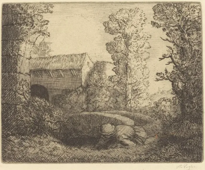 Framed Print : Bridge at the Mill (Le pont du moulin). Creator: Alphonse Legros Framed Print : Bridge at the Mill (Le pont du moulin). Creator: Alphonse Legros
