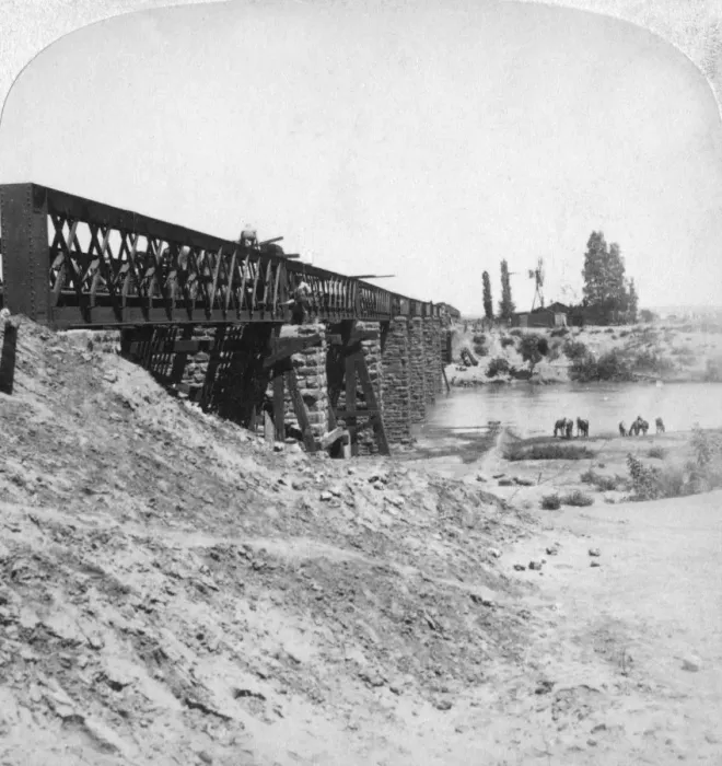 Framed Print : Bridge over the Modder River, South Africa, 21st February 1900. Artist: Underwood & Underwood Framed Print : Bridge over the Modder River, South Africa, 21st February 1900. Artist: Underwood & Underwood