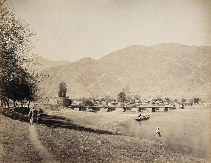 Framed Print : A bridge over the river Jehlum with a town, Baramula, Kashmir, India, c1860s. Creator: Samuel Bourne Framed Print : A bridge over the river Jehlum with a town, Baramula, Kashmir, India, c1860s. Creator: Samuel Bourne