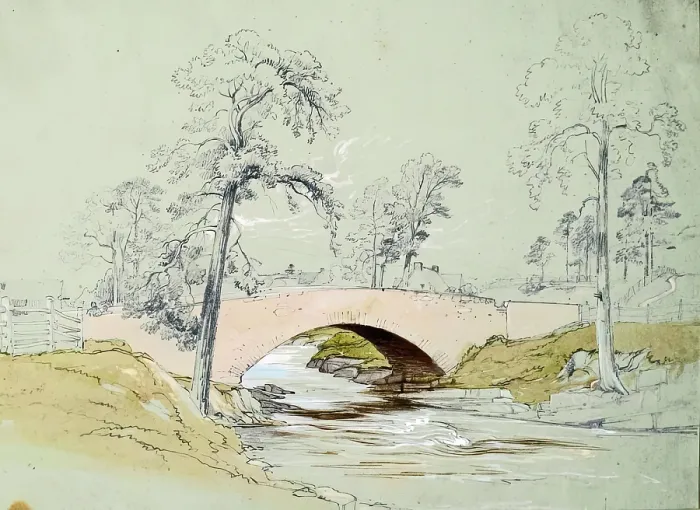 Framed Print : Bridge over River - Rooftops Beyond, c1845. Creator: John Phillip