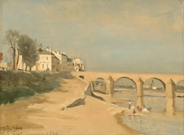 Framed Print : Bridge on the Saone River at Macon, 1834. Creator: Jean-Baptiste-Camille Corot Framed Print : Bridge on the Saone River at Macon, 1834. Creator: Jean-Baptiste-Camille Corot