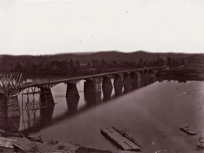 Framed Print : Bridge over Tennessee River at Chattanooga, ca. 1864. Creator: George N. Barnard Framed Print : Bridge over Tennessee River at Chattanooga, ca. 1864. Creator: George N. Barnard