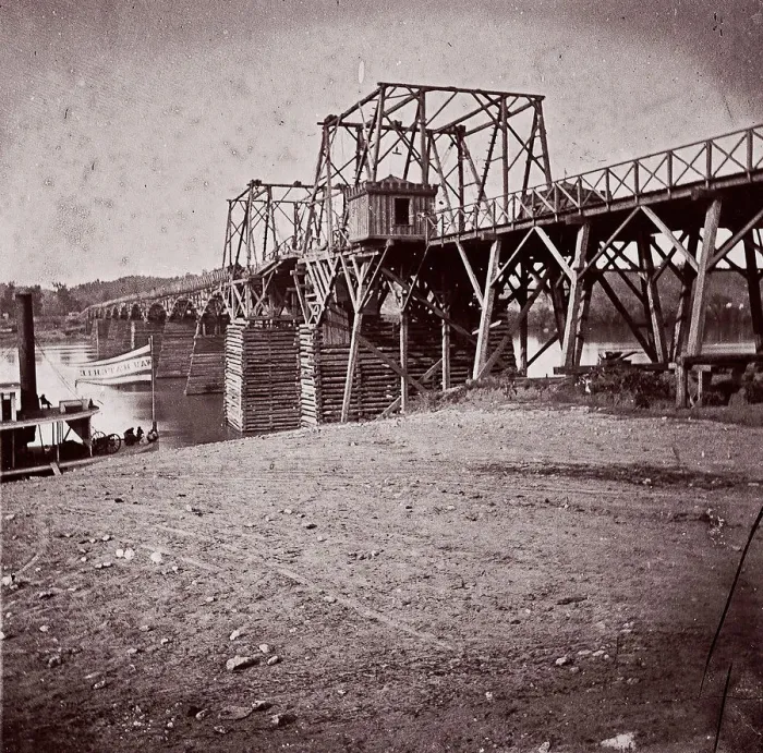 Framed Print : Bridge Across Tennessee River at Chattanooga, ca. 1864. Creator: George N. Barnard Framed Print : Bridge Across Tennessee River at Chattanooga, ca. 1864. Creator: George N. Barnard