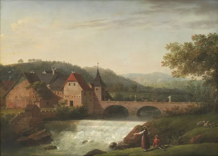 Framed Print : The Bridge and the Waterfall at Dornach, Switzerland, 1791. Creator: Jens Juel Framed Print : The Bridge and the Waterfall at Dornach, Switzerland, 1791. Creator: Jens Juel