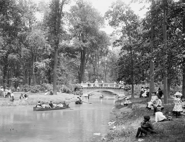 Framed Print : Bridge in the woods, Belle Isle [Park], Detroit, between 1900 and 1906. Creator: Lycurgus S. Glover