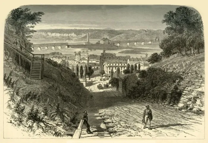 Framed Print : Bridges on the Mississippi, at Dubuque, 1874. Creator: John Filmer Framed Print : Bridges on the Mississippi, at Dubuque, 1874. Creator: John Filmer