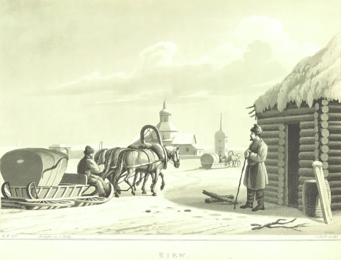 Framed Print : Bridgka on a Sledge - Kiew, 1819. Creator: I Clark Framed Print : Bridgka on a Sledge - Kiew, 1819. Creator: I Clark