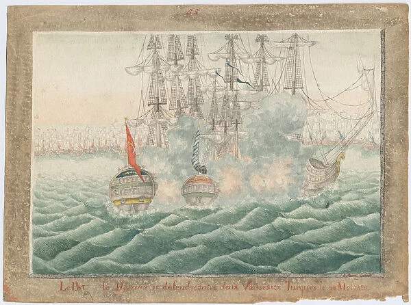 Brig Mercury fighting two Turkish ships on May 14th, 1829, 1829. Artist: Anonymous