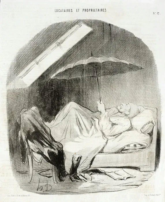 Framed Print : Brigand de Propriétaire qui ne veut me faire faire des reparations qu'au beau temps... 1847. Creator: Honore Daumier