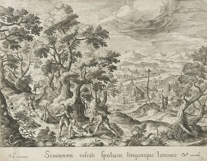 Framed Print : The Brigands Robbing the Traveler, c1600. Creator: Crispijn de Passe I Framed Print : The Brigands Robbing the Traveler, c1600. Creator: Crispijn de Passe I