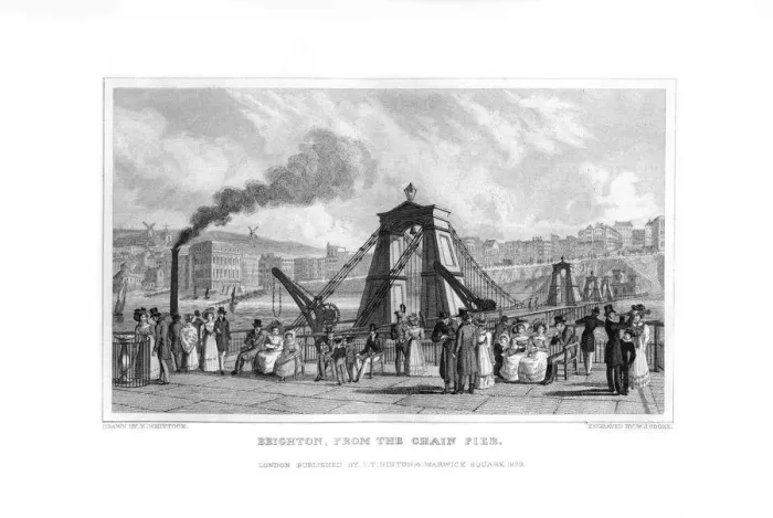 Framed Print : Brighton, from the Chain Pier, East Sussex, 1829. Artist: WJ Cooke Framed Print : Brighton, from the Chain Pier, East Sussex, 1829. Artist: WJ Cooke