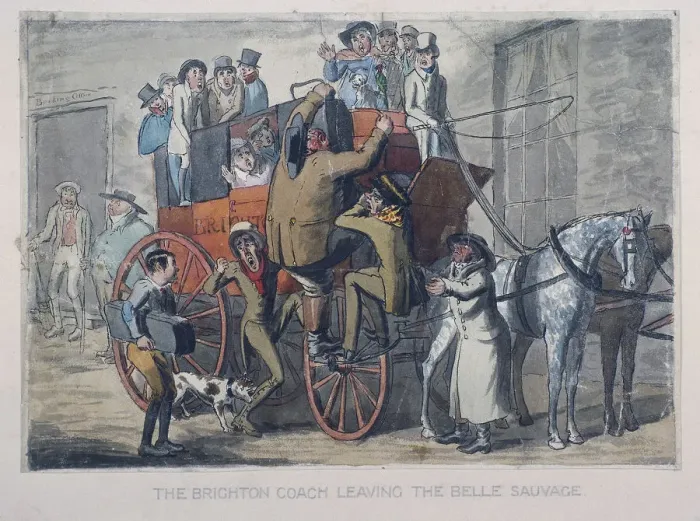 Framed Print : Brighton Coach leaving th Belle Sauvage Inn, London, c1840 Framed Print : Brighton Coach leaving th Belle Sauvage Inn, London, c1840