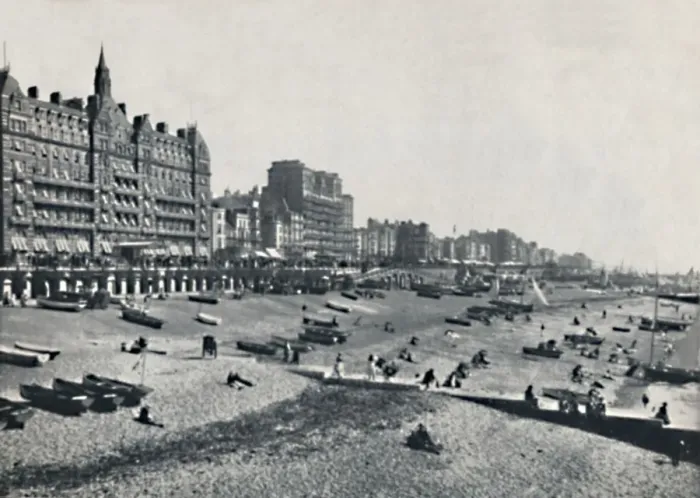 Framed Print : Brighton - The Hotel Metropole and Beach, 1895 Framed Print : Brighton - The Hotel Metropole and Beach, 1895