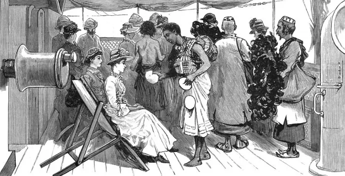 Framed Print : From Brindisi to Burma - Traders on board the P&O SS'Clyde at Aden, 1886. Creator: Unknown. From Brindisi to Burma - Traders on board the P&O SS'Clyde at Aden, 1886. Creator: Unknown Framed Print : From Brindisi to Burma - Traders on board the P&O SS'Clyde at Aden, 1886. Creator: Unknown. From Brindisi to Burma - Traders on board the P&O SS'Clyde at Aden, 1886. Creator: Unknown