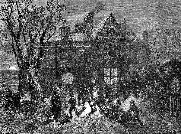 Bringing Home the Yule Log, 1854. Creator: M. Jackson