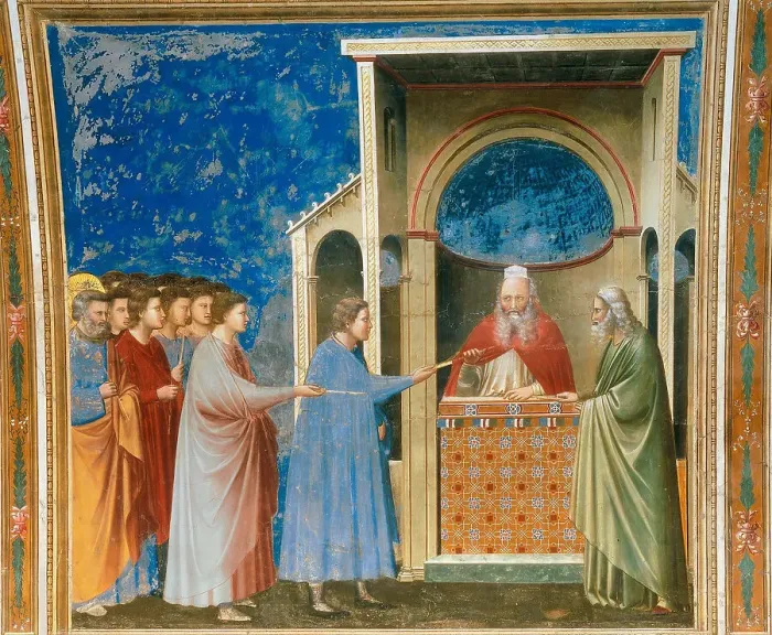 Framed Print : The Bringing of the Rods to the Temple (From the cycles of The Life of the Blessed... 1304-1306. Creator: Giotto di Bondone (1266-1377) Framed Print : The Bringing of the Rods to the Temple (From the cycles of The Life of the Blessed... 1304-1306. Creator: Giotto di Bondone (1266-1377)