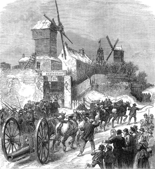 Framed Print : Bringing up ship guns at the Buttes Montmartre, Paris, (sketch by balloon post), 1871. Creator: Unknown Framed Print : Bringing up ship guns at the Buttes Montmartre, Paris, (sketch by balloon post), 1871. Creator: Unknown