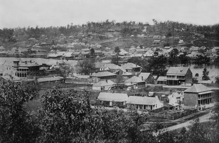 Framed Print : Brisbane from Observatory, showing first wooden bridge across Brisbane River c1866. Creator: Unknown Framed Print : Brisbane from Observatory, showing first wooden bridge across Brisbane River c1866. Creator: Unknown