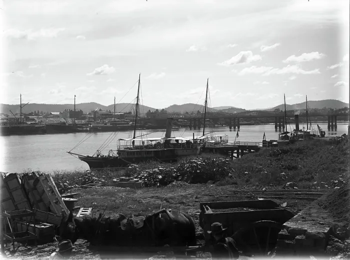 Framed Print : Brisbane River - Victoria Bridge looking North West, steam yacht S.S Framed Print : Brisbane River - Victoria Bridge looking North West, steam yacht S.S