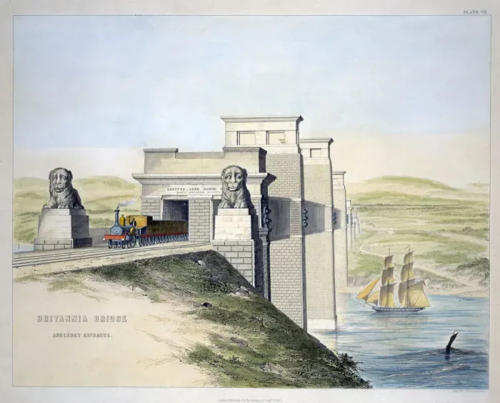 Framed Print : Britannia Bridge, Anglesey Entrance, Wales, 1849. Artist: George Hawkins Framed Print : Britannia Bridge, Anglesey Entrance, Wales, 1849. Artist: George Hawkins