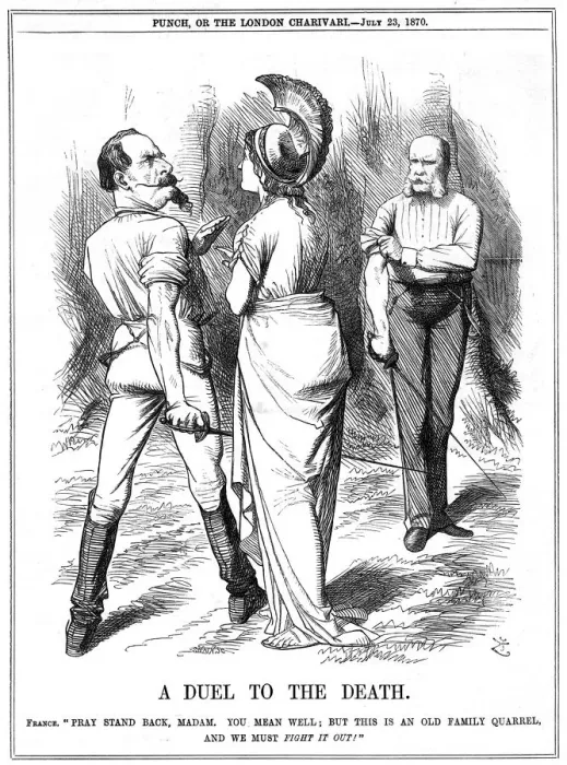 Framed Print : Britannia trying to restrain Napoleon III from embarking on war with Germany, 1870. Artist: John Tenniel Framed Print : Britannia trying to restrain Napoleon III from embarking on war with Germany, 1870. Artist: John Tenniel